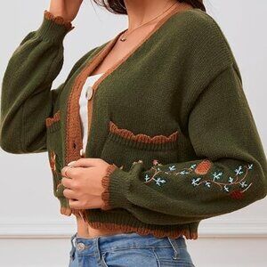 Deep Green Forest Creatures Cardigan With Embroidered Details
